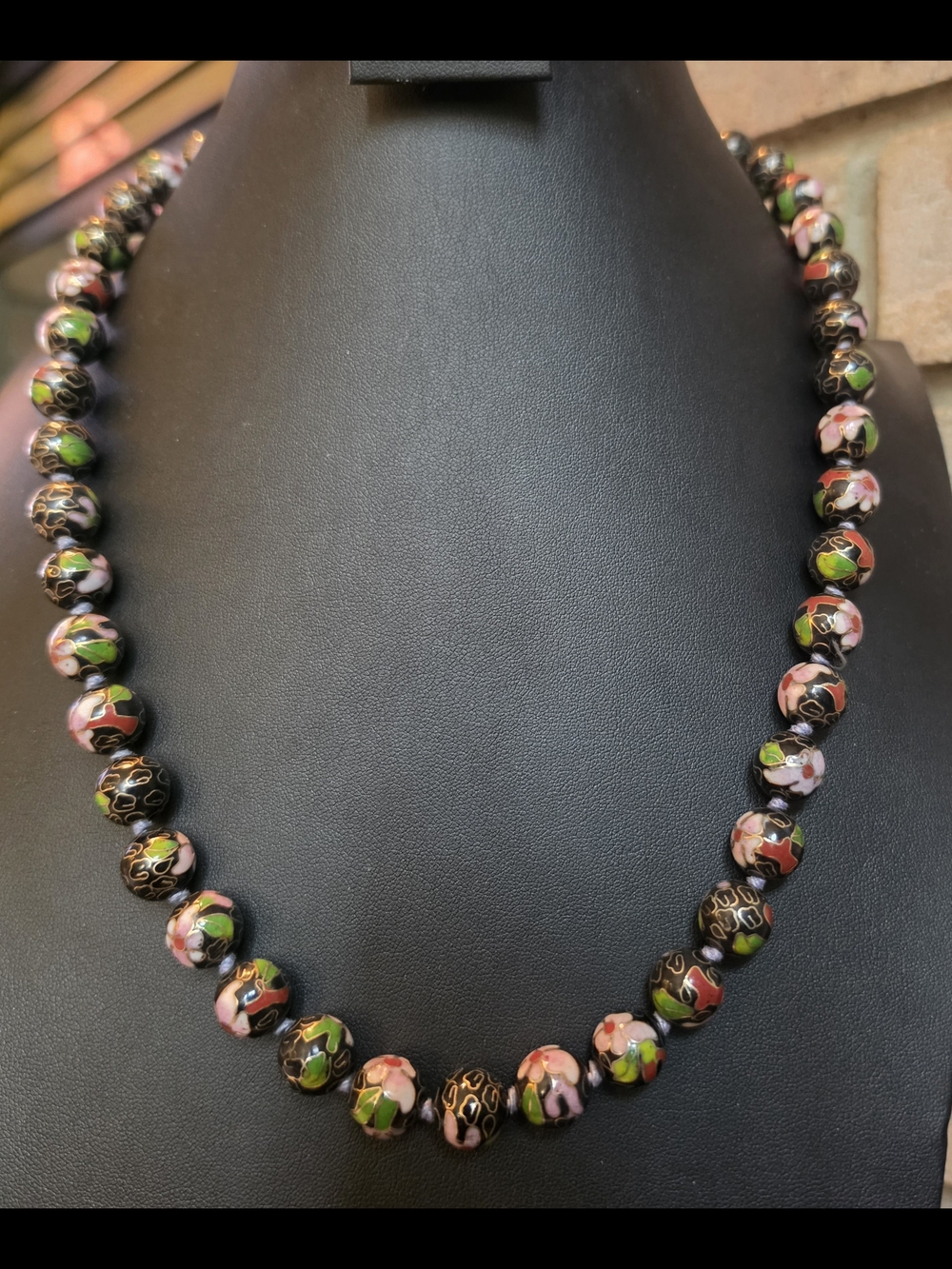 Stunning Vintage Floral Cloisonné Bead Necklace  Black with Pink & Green Accents